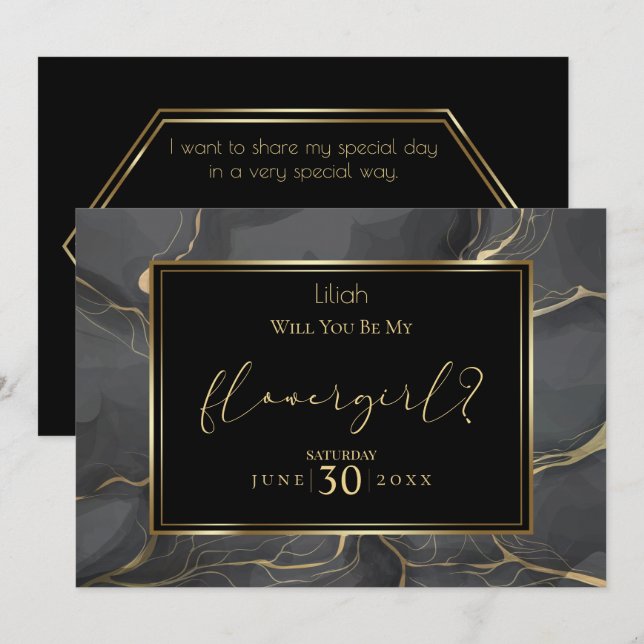 Elegant Black and Gold  Will You Be My Flower Girl Invitation (Front/Back)