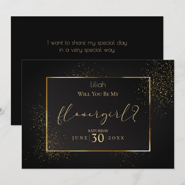 Elegant Black and Gold  Will You Be My Flower Girl Invitation (Front/Back)