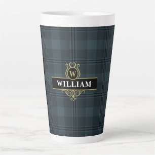 Elegant Black and Gold Windowpane Plaid Monogram Latte Mug