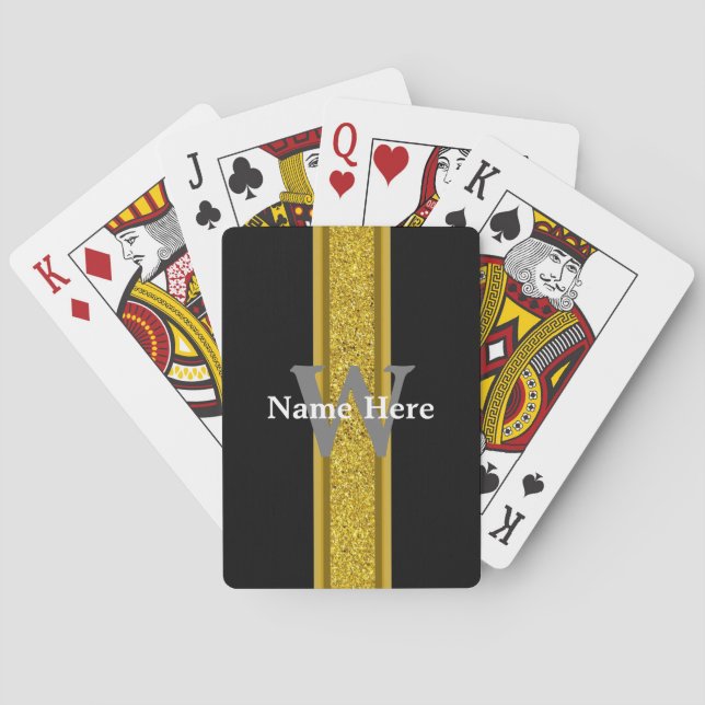 Elegant Black and Gold with Monogram and Name Playing Cards (Back)