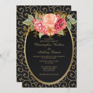 Elegant Black and Gold with Roses Wedding Invite