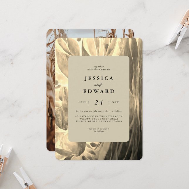 Elegant Black and Golden Foliage Photo Wedding Invitation (Front/Back In Situ)