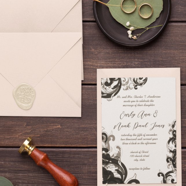 Elegant Black and Gray Swirl Wedding Invitation (Creator Uploaded)