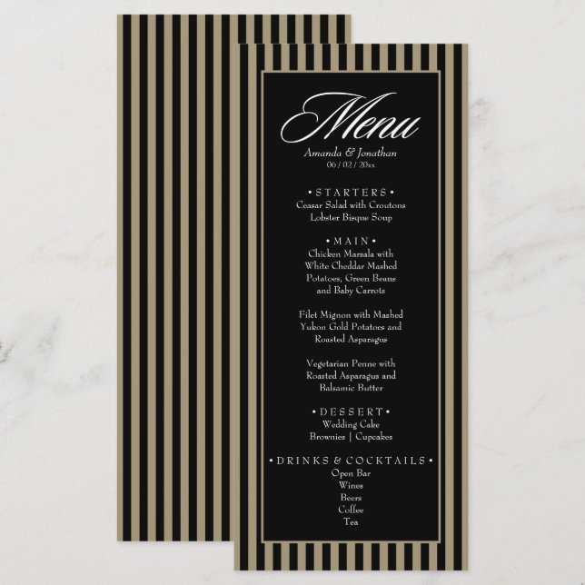 Elegant Black and Green Vertical Stripes Wedding Menu (Front/Back)