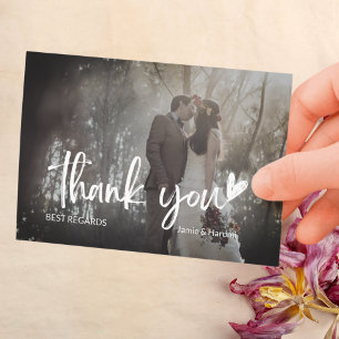 Elegant Black and Grey 2 Photo Script Wedding Thank You Card
