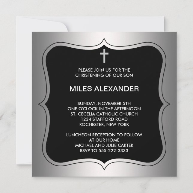 Elegant Black and Grey Christening Invitation (Front)