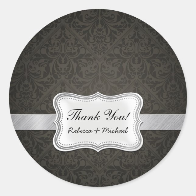 Elegant Black and Grey Damask Thank You Classic Round Sticker (Front)