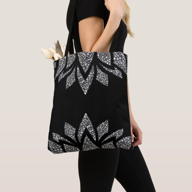 Elegant black and grey printed lotus pattern tote bag (Close Up)