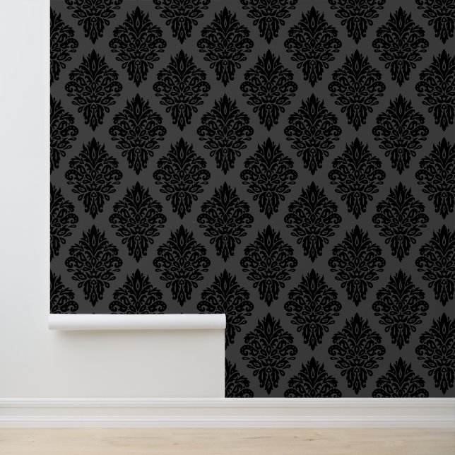 Elegant Black and Grey Velvet Damask Wallpaper (Application)