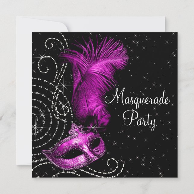 Elegant Black and Hot Pink Masquerade Party Invitation (Front)