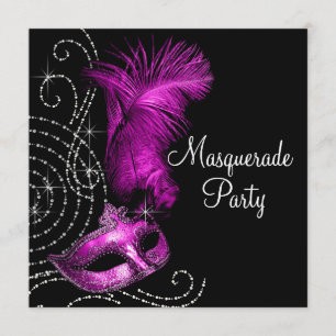 Elegant Black and Hot Pink Masquerade Party Invitation