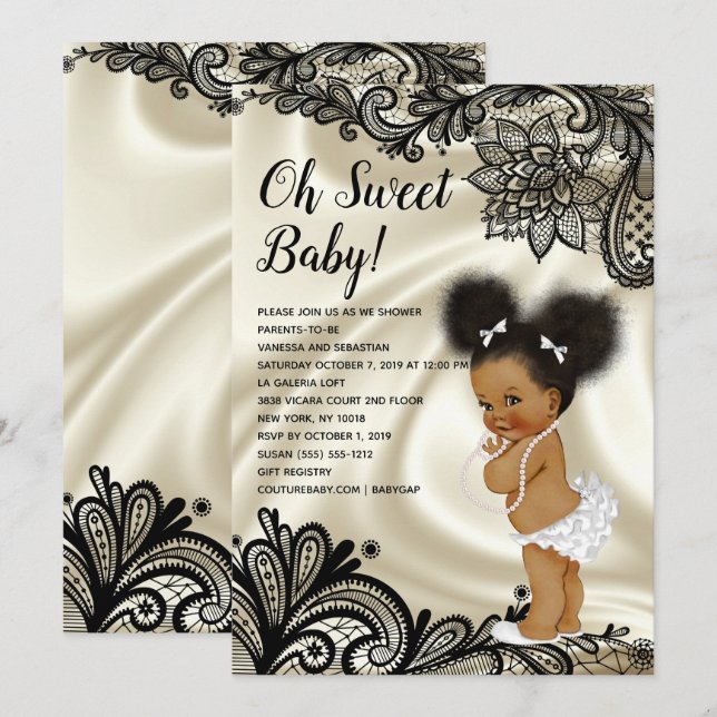 Elegant Black and Ivory Baby Shower Afro Puffs Invitation (Front/Back)