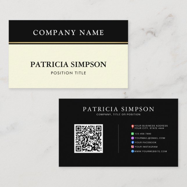 Elegant Black and Ivory Cream Minimalist QR Code Business Card (Front/Back)