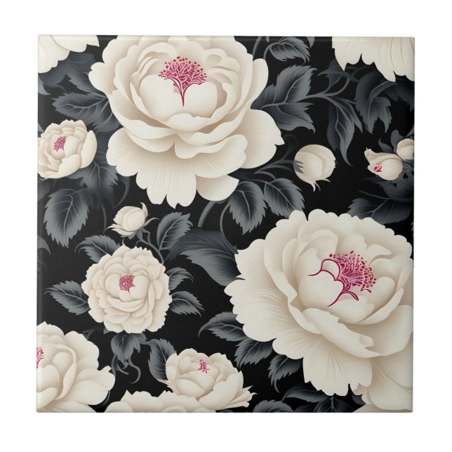 Elegant Black And Ivory Floral Tile (Front)