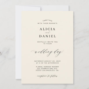Elegant black and ivory script minimalist wedding invitation
