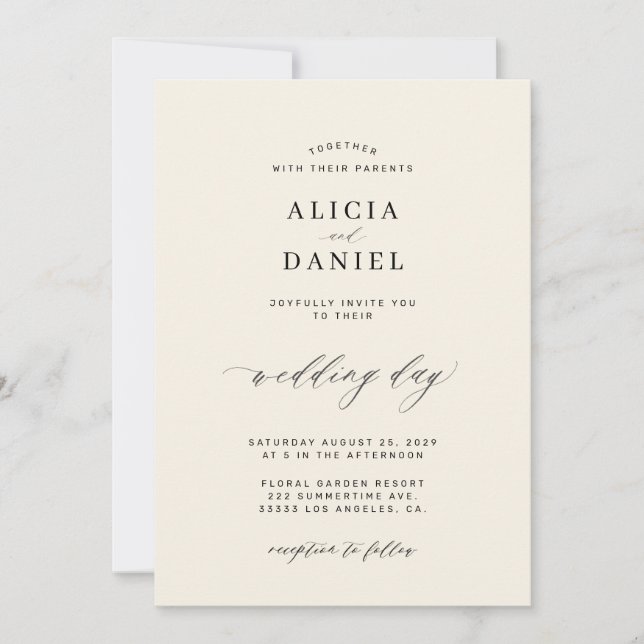 Elegant black and ivory script minimalist wedding invitation (Front)