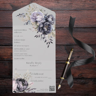 Elegant Black and Lavender Floral on Grey QR Code All In One Invitation