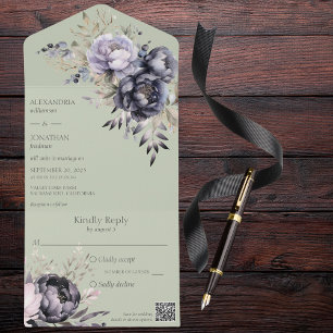 Elegant Black and Lavender Floral on Sage QR Code All In One Invitation