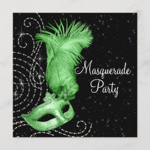 Elegant Black and Lime Green Masquerade Party Invitation