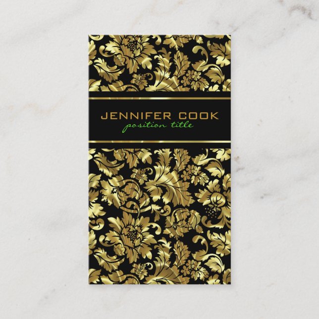 Elegant Black And Metallic Gold Damasks Business Card (Front)