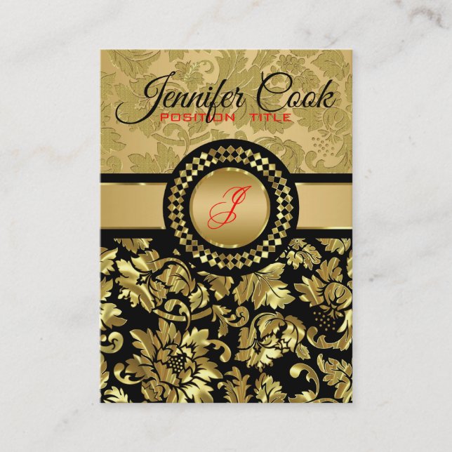 Elegant Black And Metallic Gold Floral Damasks Business Card (Front)