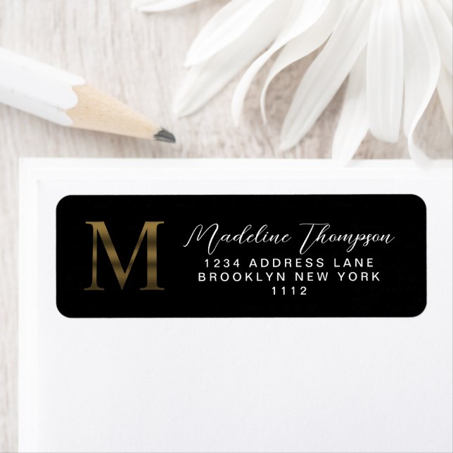 Elegant Black and Metallic Gold Monogram Address (Insitu)
