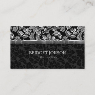 Elegant Black And Metallic Gray Damask Business Card