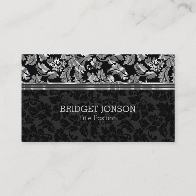 Elegant Black And Metallic Gray Damask Business Card (Front)