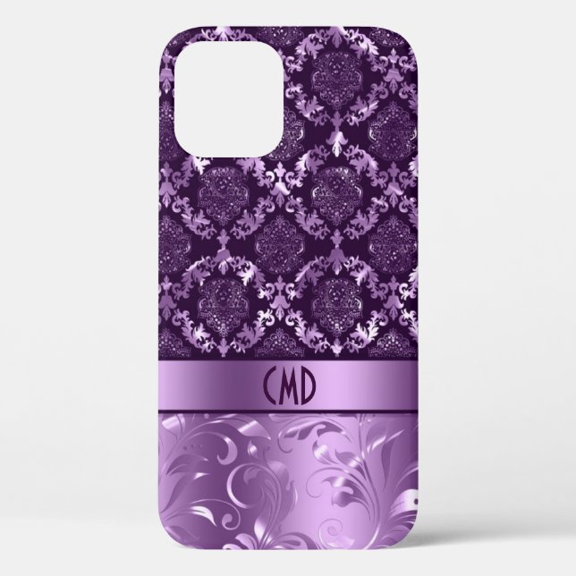 Elegant Black And Metallic Purple Damasks & Lace C Case-Mate iPhone Case (Back)