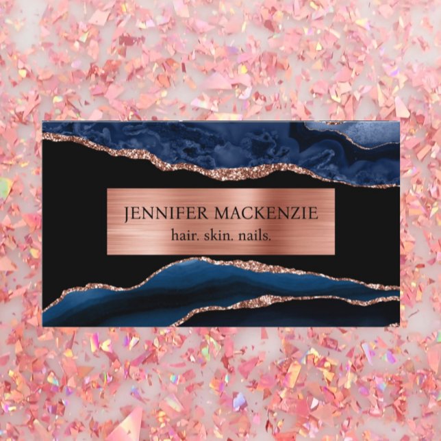 Elegant Black and Navy Blue Rose Gold Agate Luxury Business Card (Creator Uploaded)