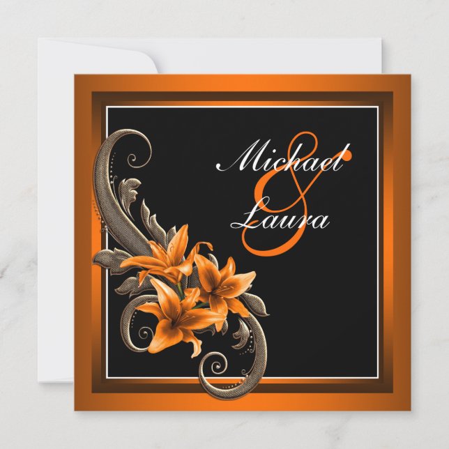 Elegant Black and Orange Asiatic Lily Wedding Invitation (Front)