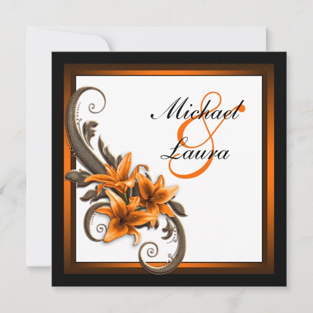 Elegant Black and Orange Asiatic Lily Wedding Invitation (Front)