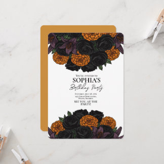 Elegant Black and Orange Floral Gothic Birthday Invitation