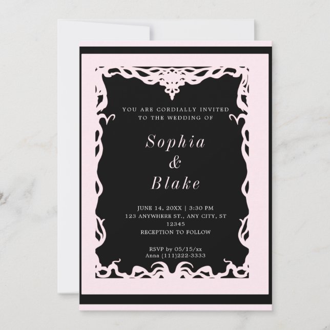 Elegant Black and Pale Pink Art Deco Wedding  Invitation (Front)