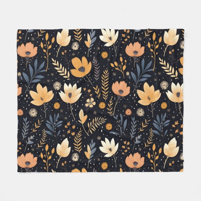 Elegant Black and Peach Boho Floral Fleece Blanket (Front (Horizontal))