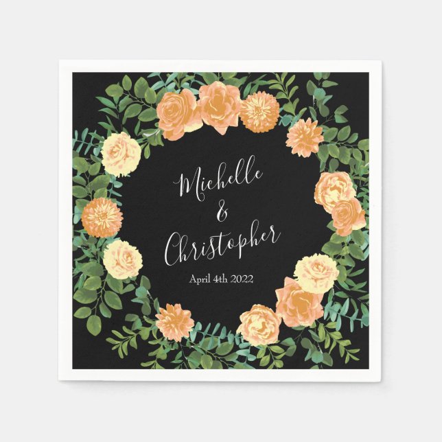 Elegant Black and Peach Rose Wedding Napkin (Front)