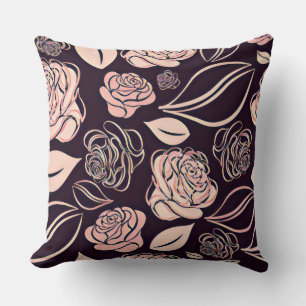 Elegant Black and Peach Roses and Leaves Cushion