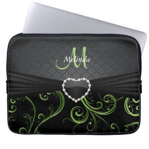 Elegant Black and Peridot Green Floral Pattern Laptop Sleeve