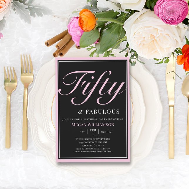 Elegant Black and Pink 50 and Fabulous Birthday In Invitation (Creator Uploaded)