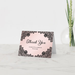 Elegant Black and Pink Chic Floral Lace Wedding Thank You Card