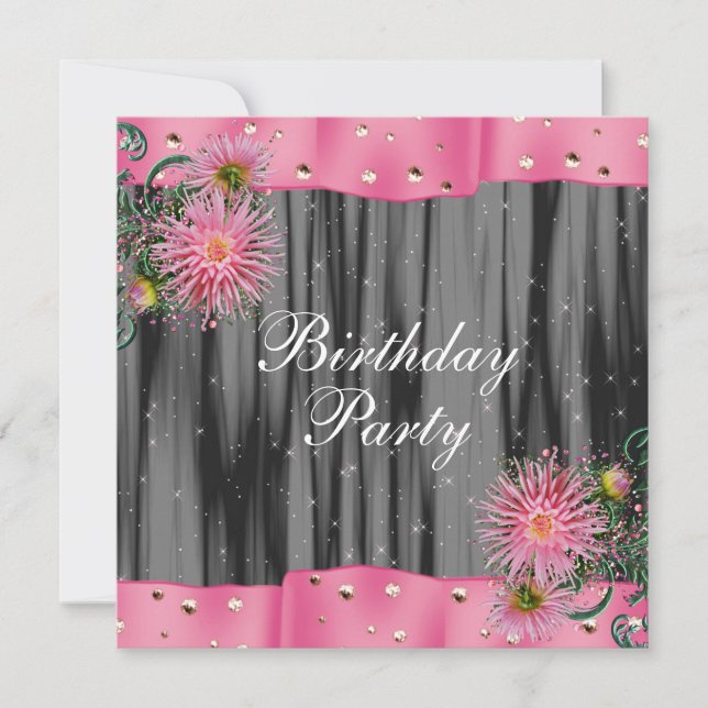 Elegant Black And Pink Dahlia Birthday Party Invitation (Front)