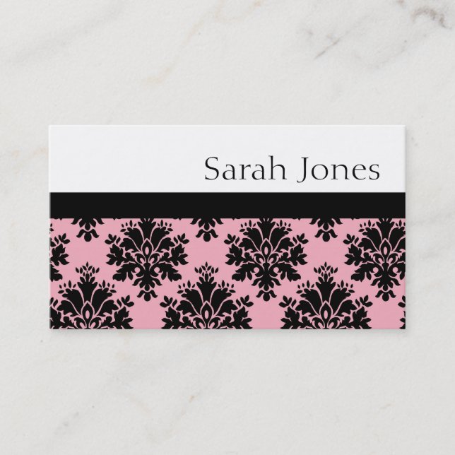 Elegant Black and Pink Damask Business Card (Front)
