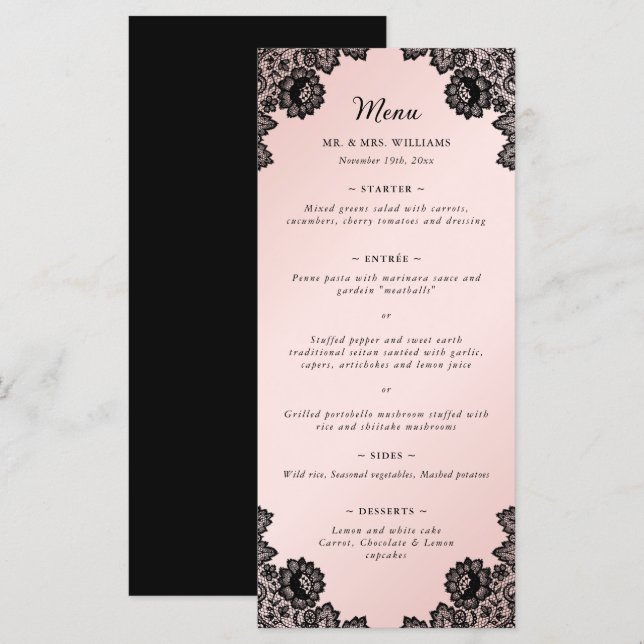 Elegant Black and Pink Floral Lace Wedding Menu (Front/Back)