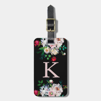 Elegant Black and Pink Floral Monogrammed Luggage Tag