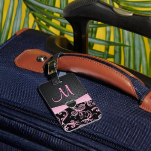 Elegant Black and Pink Floral Pattern Luggage Tag