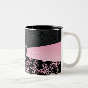 Elegant Black and Pink Floral Pattern Two-Tone Coffee Mug