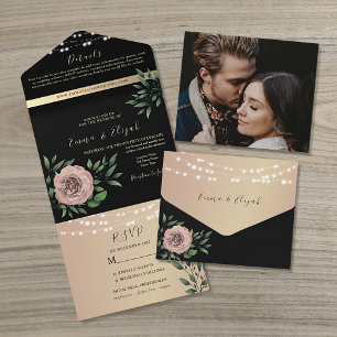 Elegant Black and Pink Floral Wedding All In One Invitation