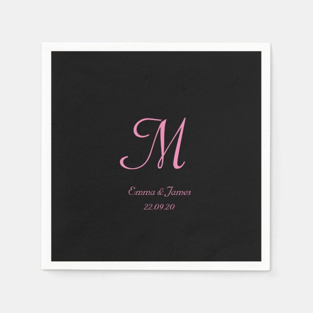 Elegant Black and Pink Monogram Wedding Party Napkin (Front)