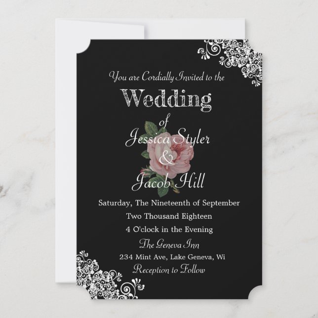 Elegant Black and Pink Vintage Rose Wedding Invitation (Front)