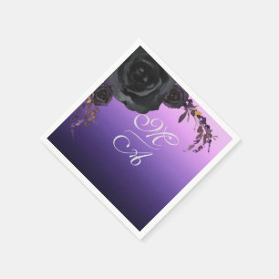 Elegant Black and Purple Floral Monogram Wedding Napkin